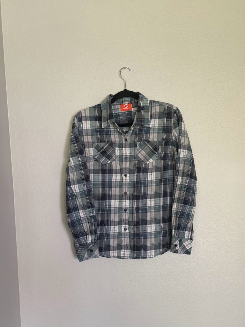 Merrell Plaid Long Sleeve Button Down Shirt Womens Medium Blue Green Cotton